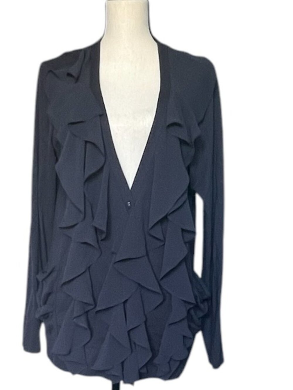 LOGO by Lori Goldstein Ruffle-Front Cotton Modal Cardigan Navy Size L